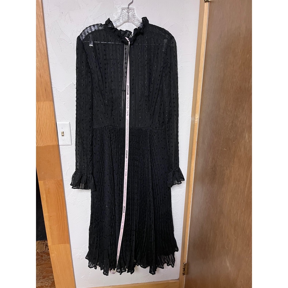 Ieena for Mac Duggal‎ Black Pleated Metallic Swiss Dot Midi Dress 49627 Size 12